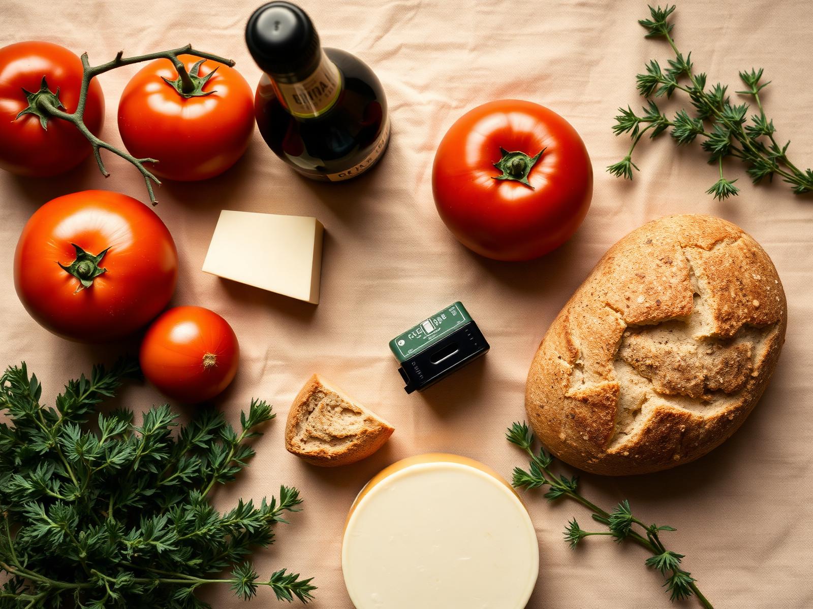 Selecție de produse alimentare proaspete: roșii, brânză, pâine artizanală și ulei de măsline