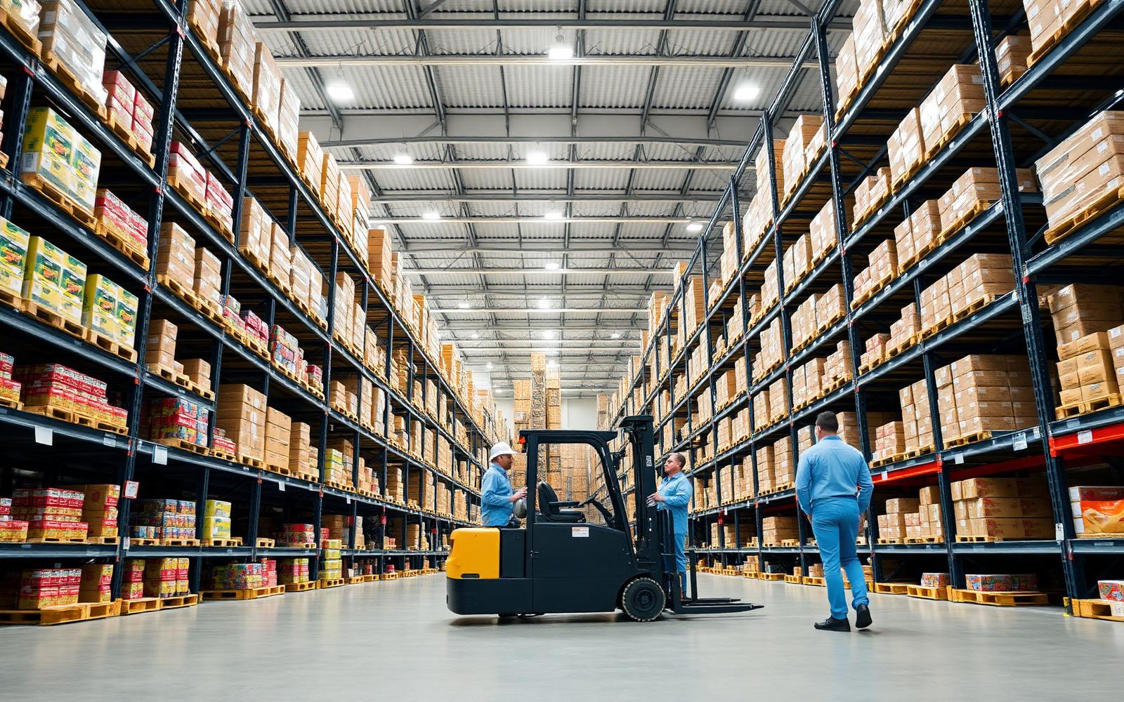 Depozit modern de distribuție alimentară cu rafturi înalte